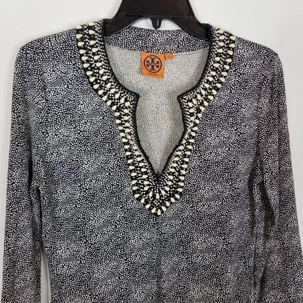 Tory Burch Women Beaded Neckline Blouse Top Sz S Navy White Printed Jersey‎